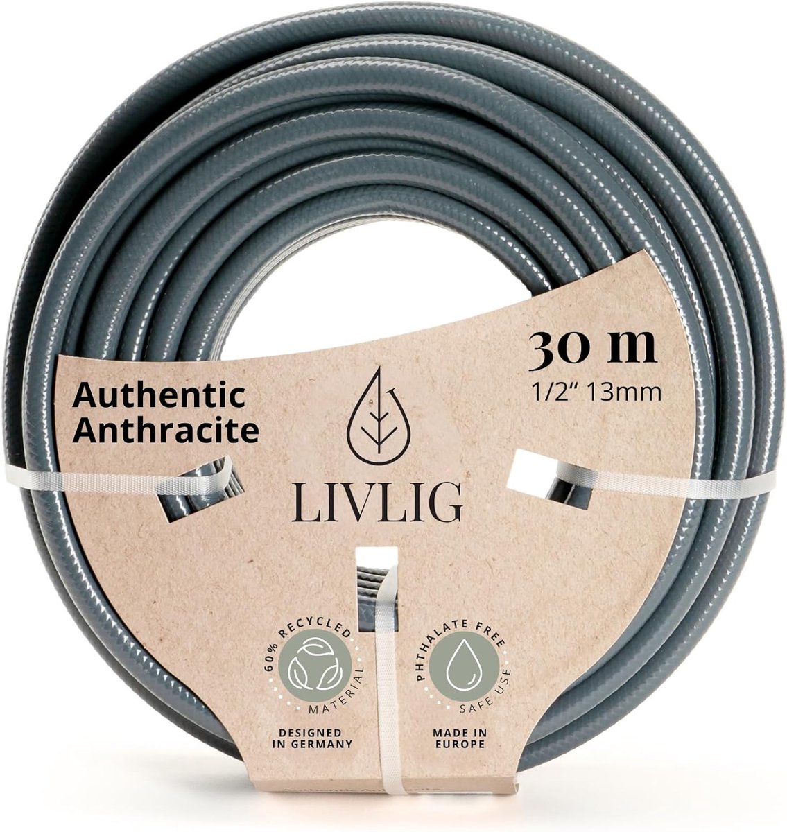 SnelShoppen - LIVLIG Tuinslang 30 m - 1/2 inch - Antraciet - Gerecycled PVC - Vormvast - Ideaal voor Tuin, Camping en Buitenactiviteiten