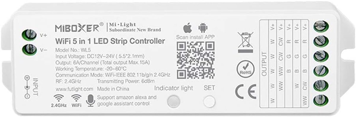 SnelShoppen - 5-in-1 WiFi LED Strip Controller voor 5050 3528 2835 Strips - Smartphone APP Bediening - Compatibel met Amazon Alexa & Google Home - DC1