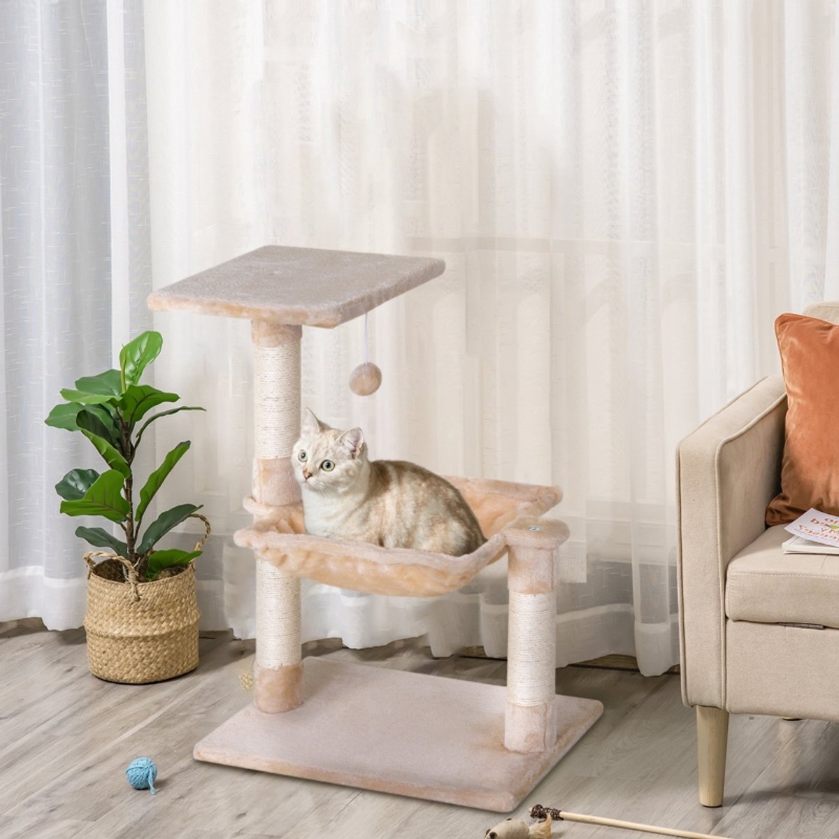Krabpaal Met Hangmat - 50 x 36 x 70 cm - Pluche En Sisal - Beige - Voor Katten Om Te Klimmen En Krabben