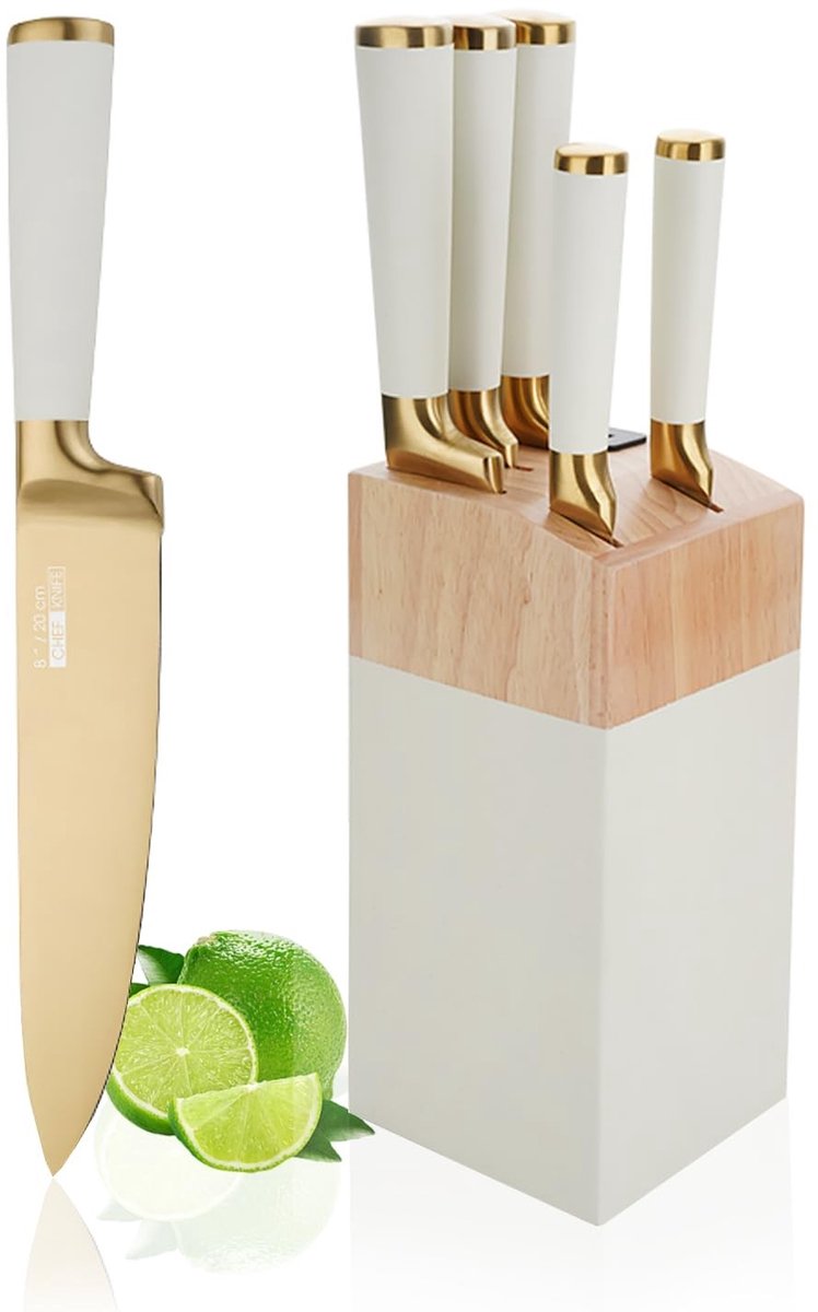 Dailygoods - Keukenmes Set van 6 Roestvrijstalen Roze Messen met Blok - Ultra Scherpe Messen voor de Thuiskeuken (Wit)