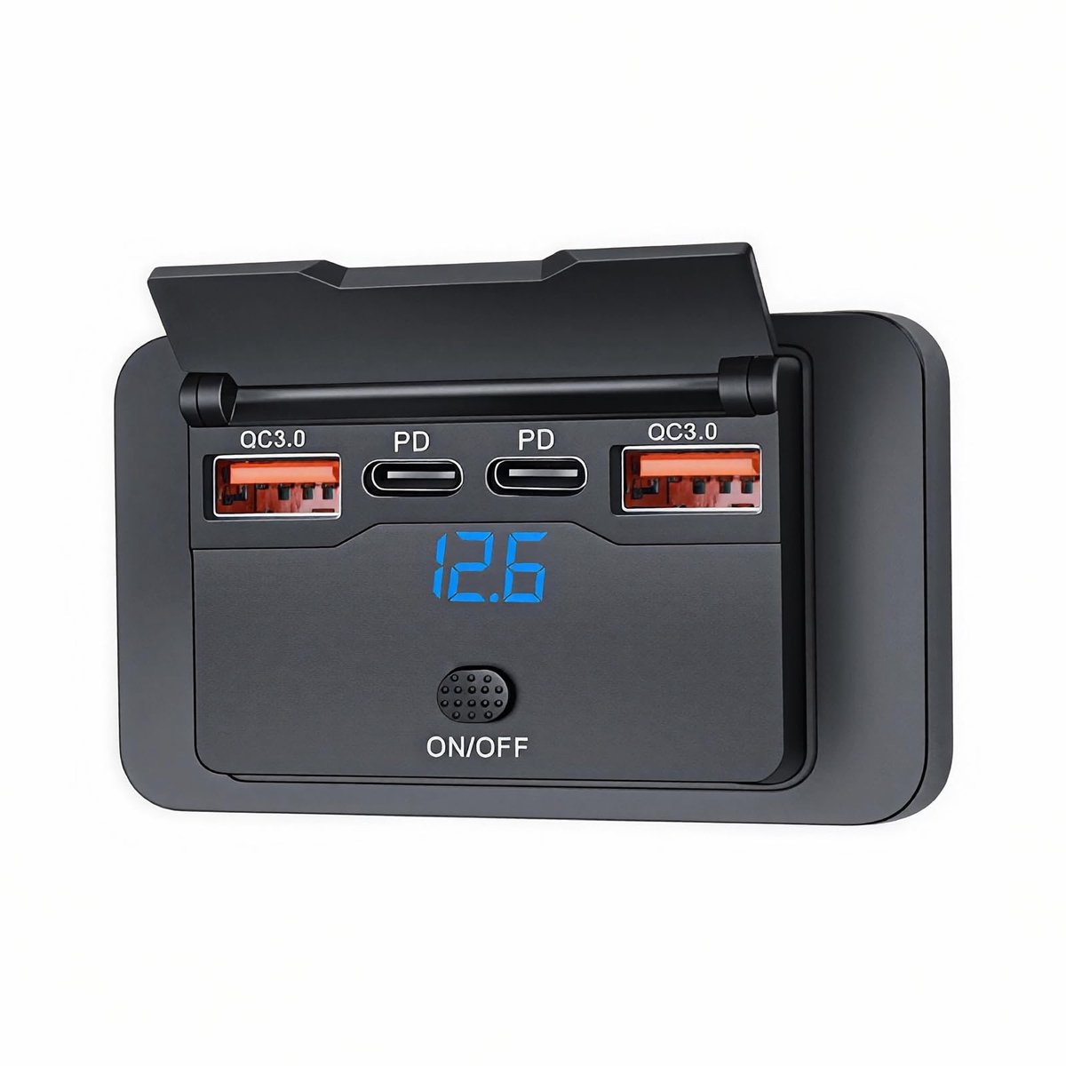 SnelShoppen - BlueXP USB-oplader voor camper, 4 poorten, 78 W, 12V/24V, dual USB C PD & QC3.0 autolader met spanningsweergave, stopcontact paneel voor