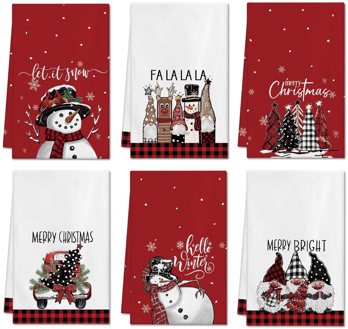 Dailygoods - Set van 6 Kerstthema Keukenhanddoeken 45 x 66 cm met Sneeuwman en Kerstboom