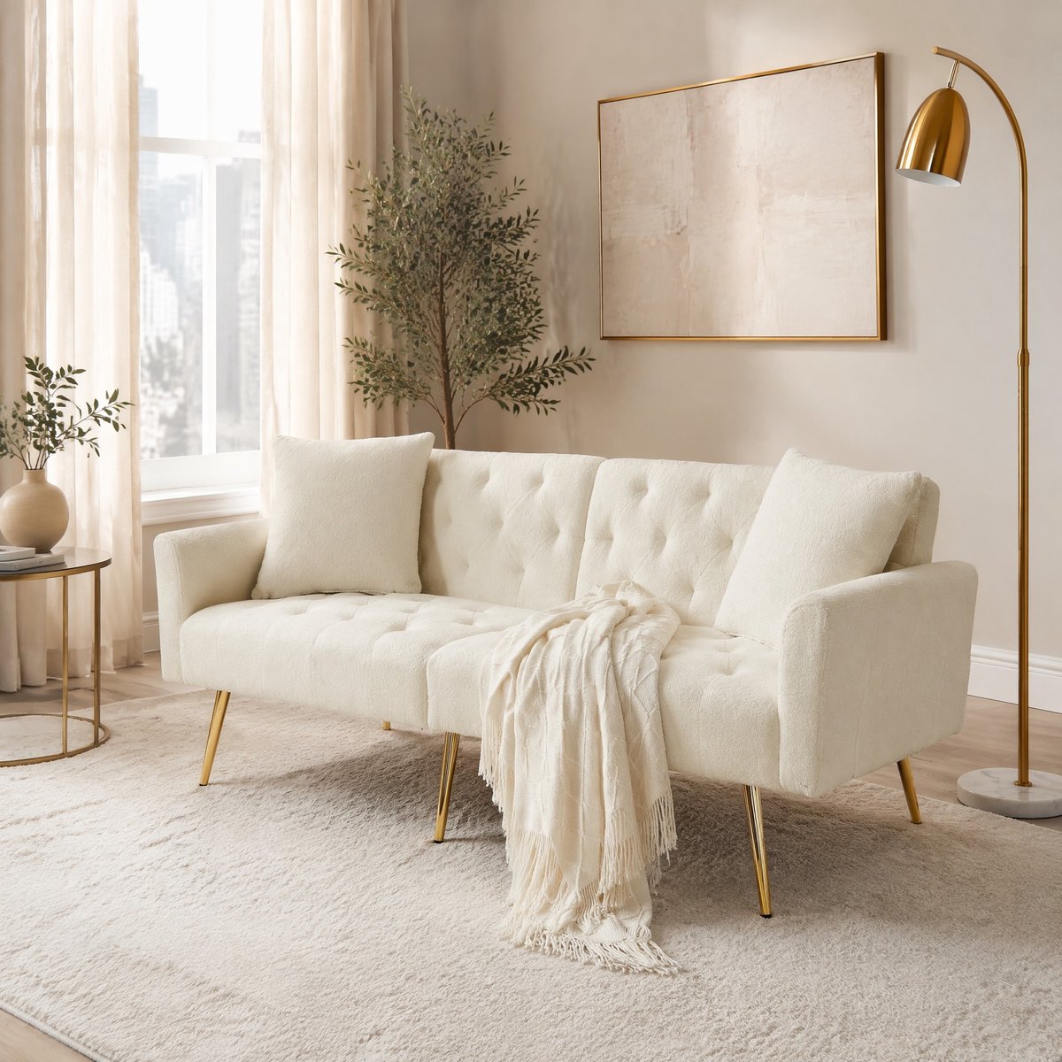 COVREO Slaapbank 177 x 78 x 74 cm - beige pluche stof, 3 standen, 2 kussens