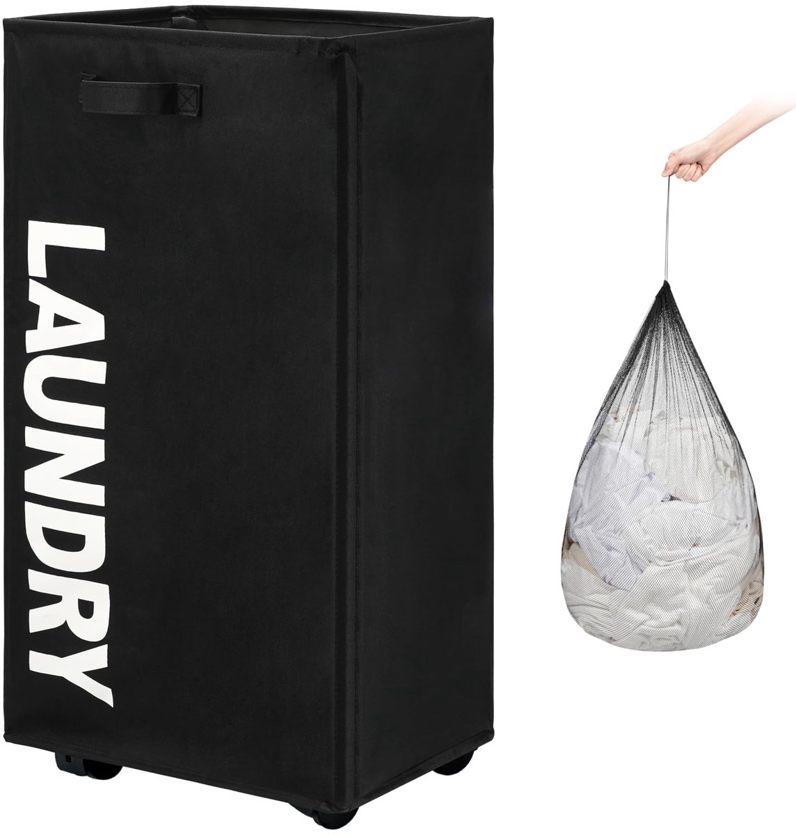 SnelShoppen - TOTANKI 29" Pro Grote Rollende Wasmand met Handvat op Wielen, Opvouwbare Wasmand, Wassorteerder en Organizer, Hoge Opbergmand Bin in Zwa