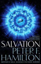 Boek cover met de titel 'Salvation' van Peter F. Hamilton, met een futuristisch ruimteschip in een blauwe energiestraal.