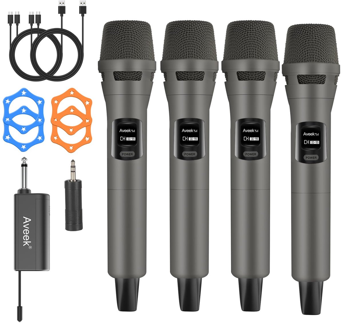 SnelShoppen - Draadloze Microfoon Set met 4 Professionele Microfoons, 2,4 GHz Oplaadbaar, Ontvanger, 30m Bereik, Ideaal voor Karaoke, Zang, Feesten, B