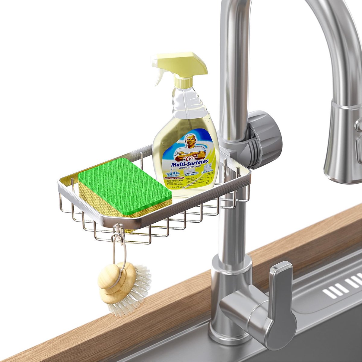 SnelShoppen - Sponshouder Over Kraan Aanrecht Caddy Organizer, RVS Afneembare Opknoping Kraan Afvoerrek voor Badkamer, Schrobbers, Zeep, Chroom