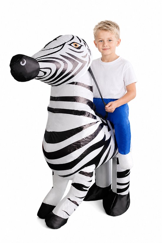 KIMU® Opblaas Kostuum Kinderen Rijdend op Zebra - Opblaasbaar Pak - Maat 122 128 134 140 146 152 - Zebrapak Mascotte Opblaaspak - Opblaasbare Zebra Safari Afrika Paard Festival