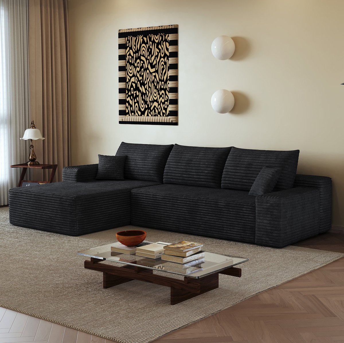 STILVORA Hoekbank 270 Cm - Modulaire 3-Zits Met L-Vormige Chaise Longue En Diepe Zit - Voor Woonkamer En Slaapkamer - Corduroy Zwart
