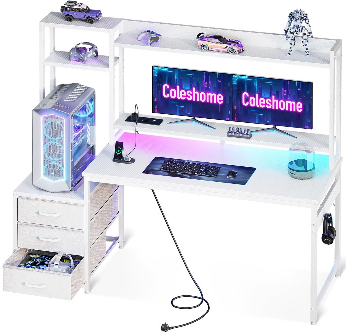 SnelShoppen - Coleshome Gamingbureau met Plank en Lades, 137x48 cm Gamebureau met LED-verlichting, Ingebouwd Stopcontact, Computertafel met Opbergplan