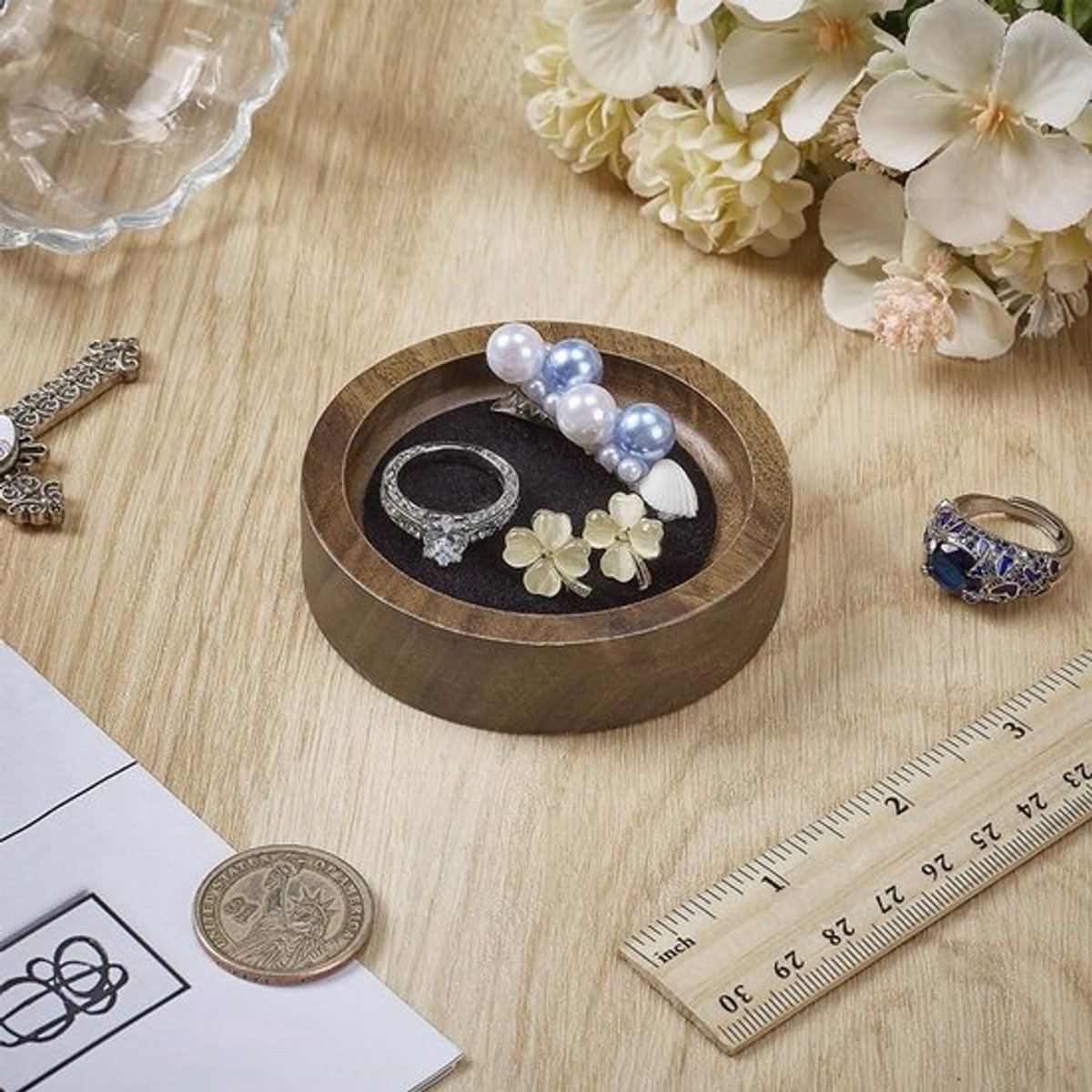 Houten Sieradendienblad Walnoot met Fluweel - Zwarte Kleine Bibelots Schotel - Voor Sieraden Presentatie
