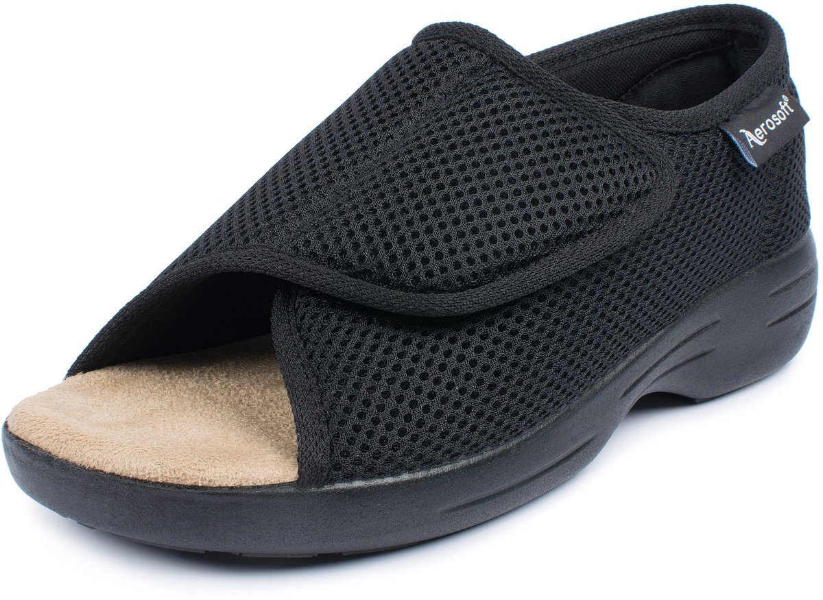 SnelShoppen - Aerosoft Stretch 14 Revalidatiesandalen Dames/Heren, Klittenband G-H, Antislip, Zwart, Maat 5.5 Vrouwen/3.5 Mannen voor Comfortabele Ond