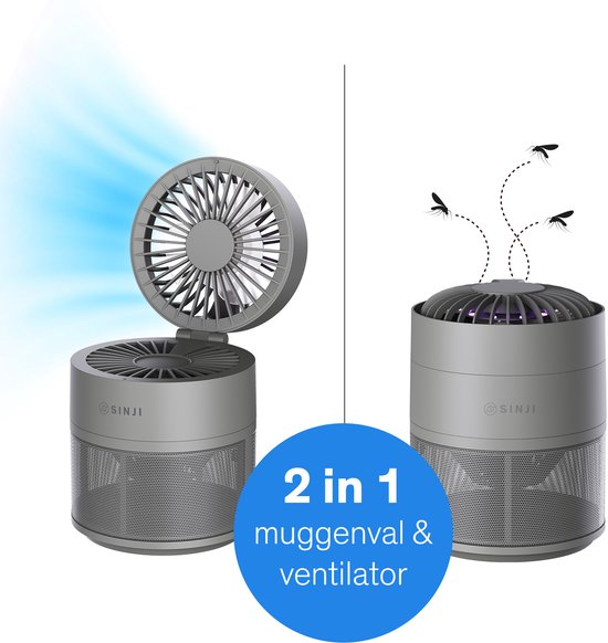 Een Sinji muggenval en ventilator wordt getoond met de ventilator uitklapbaar en de muggenval met UV-licht. Er vliegen muggen rond de muggenval. Tekst: "2 in 1 muggenval & ventilator."