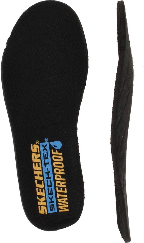 Zwarte Skechers inlegzool met gele en blauwe Skech-Tex Waterproof tekst.