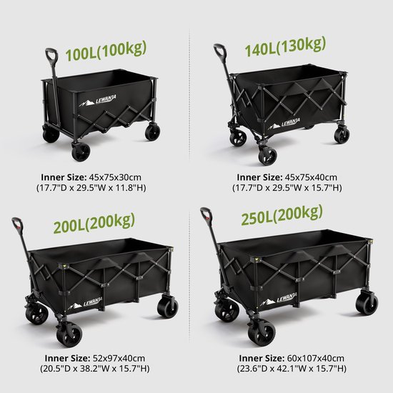 SnelShoppen - LEWANJA Vouwwagen 250L - Robuuste Opvouwbare Bolderkar met Brede Geremde Wielen, Verstelbare Handgreep, 200 kg Belasting - Draagbare Fes van Snelshoppen — afbeelding 2