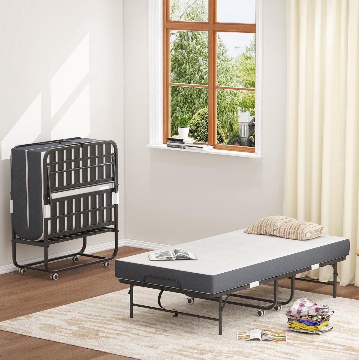 MODFU Opklapbed - Traagschuimmatras - Zwart - Eenpersoons - Metaal - 190 x 96 cm