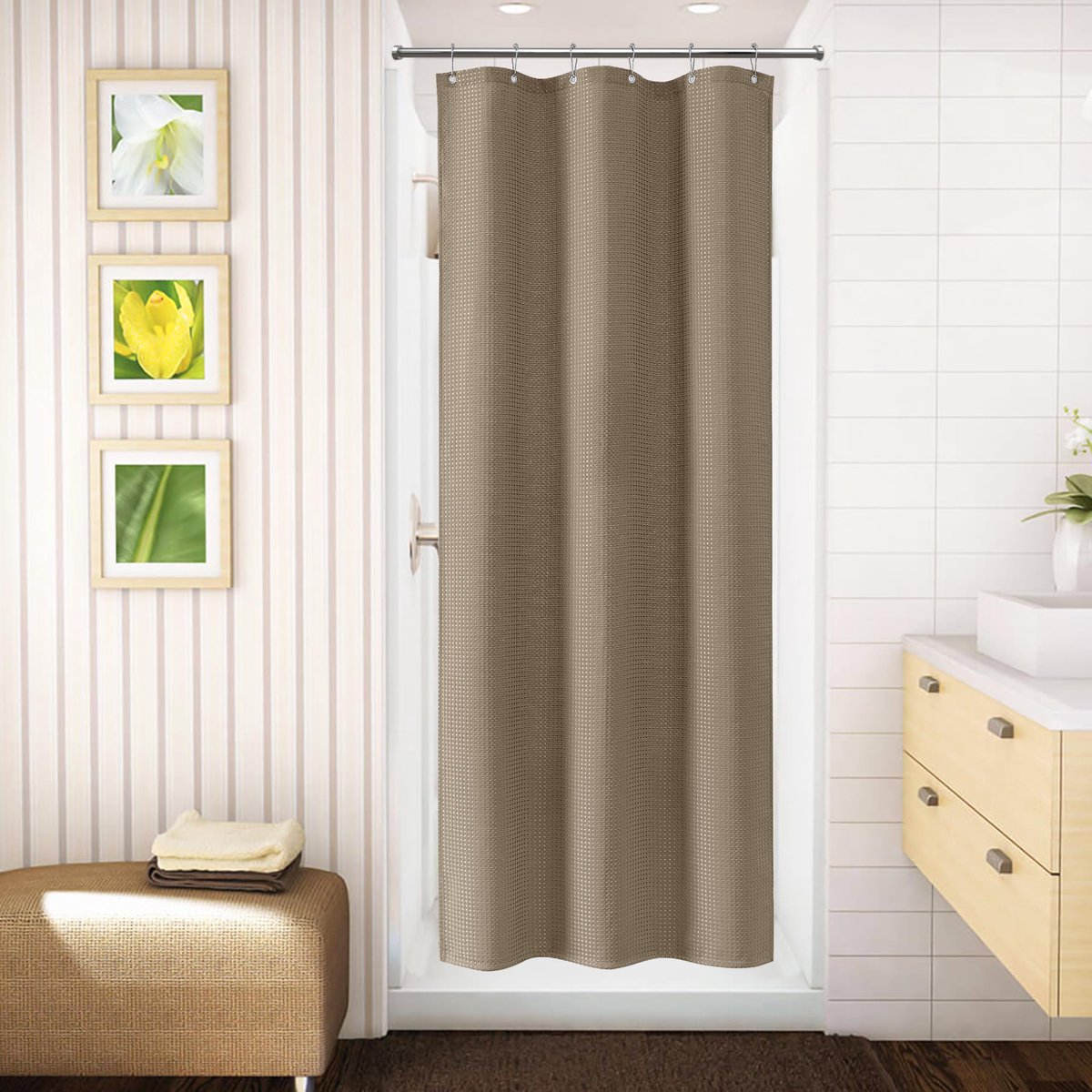 SnelShoppen - Douchegordijn Wafelstof Waterdicht met Metalen Ringen - Anti-schimmel Badkamer Gordijn - Zwaar Textiel 92 x 182 cm Khaki voor Douchecabi