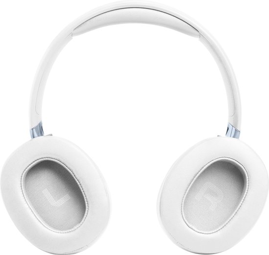 Witte over-ear koptelefoon met blauwe accenten. Zachte oorkussens met 'L' en 'R' aanduiding.