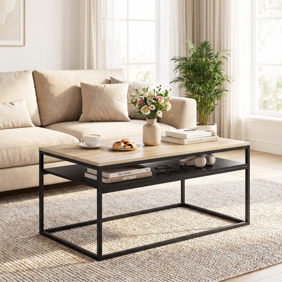 STILVORA Salontafel - Met Onderplank En Industrieel Design - Voor Woonkamer Of Werkkamer - Spaanplaat En Metaal - 100x59,8x47 Cm - Eiken