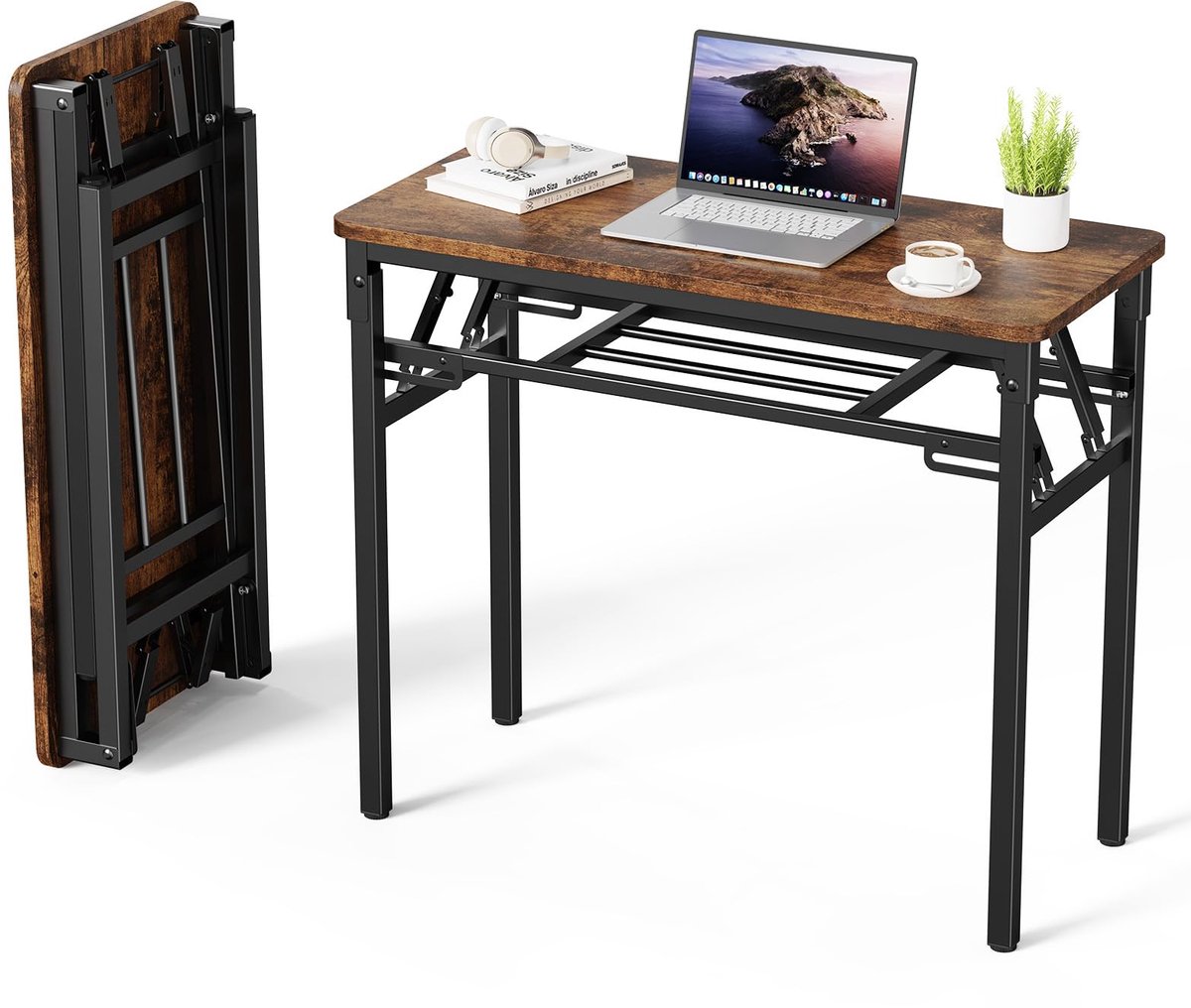SnelShoppen - Inklapbaar Bureau 100x50 cm, Donkerbruin Hout, Compacte Klaptafel voor Thuiswerk, Gaming, Eettafel, Vergadertafel met Opbergruimte