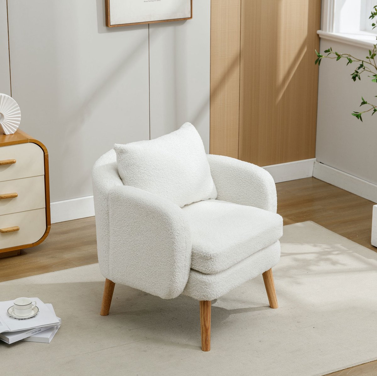 COVREO Fauteuil 71 x 72 x 79 cm - wit, pluche stof velvet, met kussen, houten poten