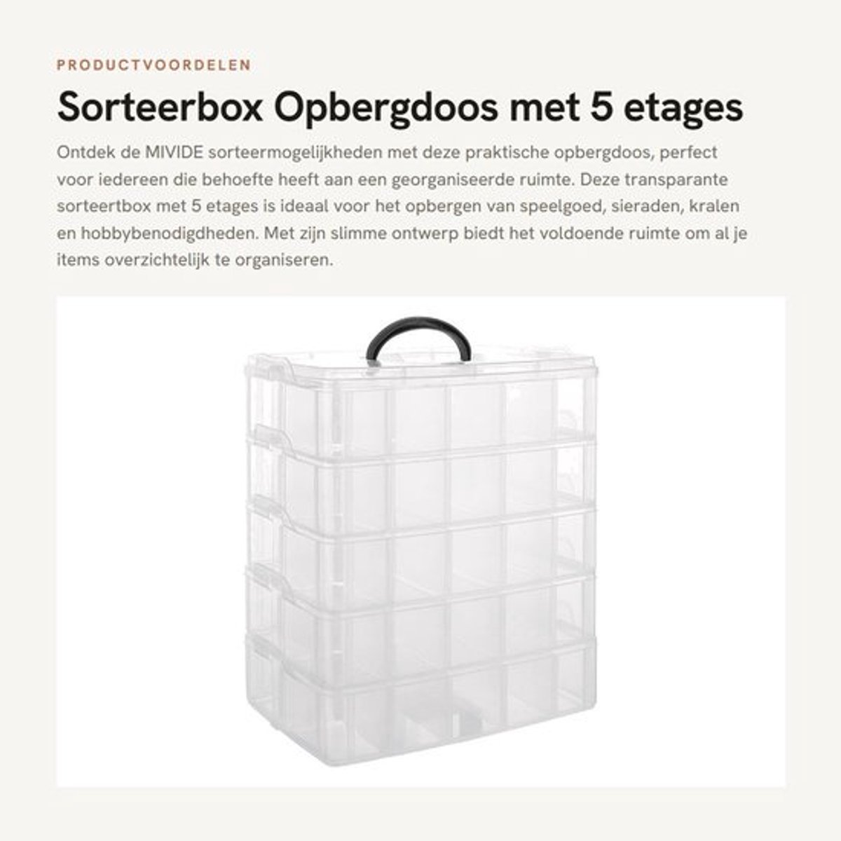 Opbergdoos 5 etages - Transparante Sorteerdoos - Kunststof - Stapelbaar - Organisatieruimte - 24,5 x 16,5 x 30,2 cm