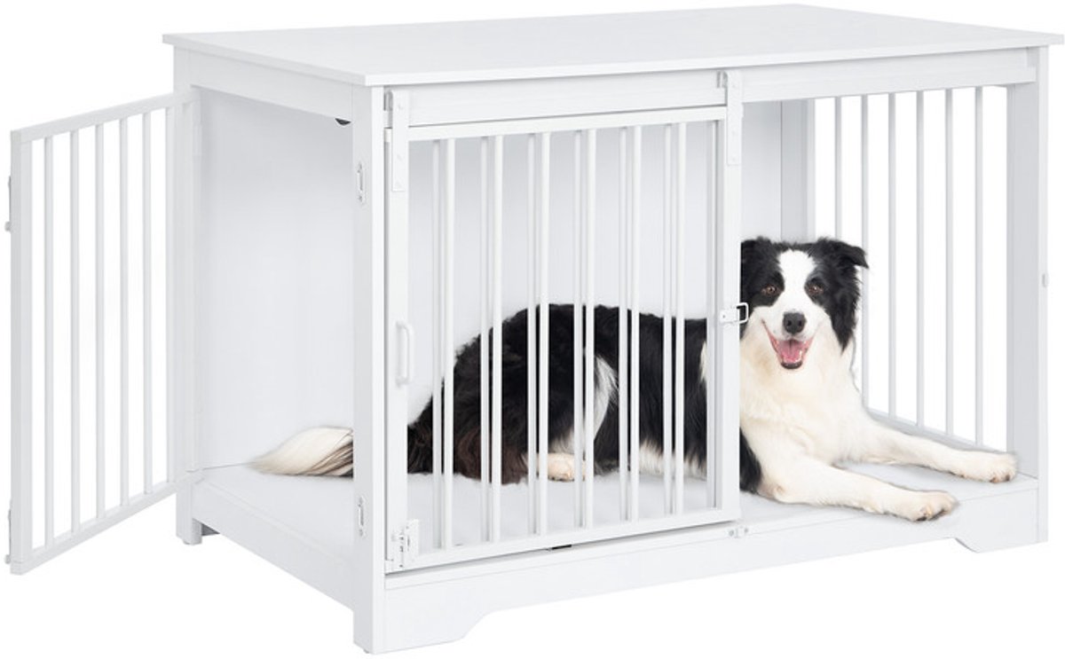 Hzuaneri Hondenbench, 100 cm, 2 Deuren, Wit, Schuifdeuren, Moderne Houten Binnenbench Voor Middelgrote Of Grote Honden, Hondenkooi Voor Thuis, 100 x 60 x 68 cm