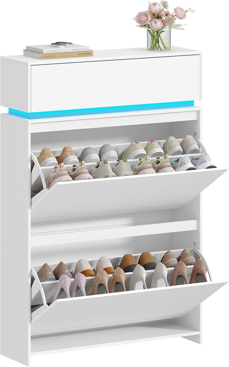 HILINSIE Schoenenkastje van Hzuaneri met LED-verlichting, 75 cm breed, 16 paar schoenen, 2 deuren, verstelbare plank, voor entree, hal, wit