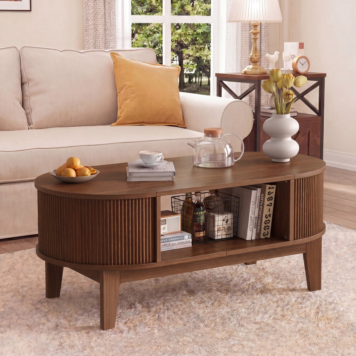 Ovale Salontafel Walnootkleur – Moderne Houten Koffietafel met 2 Klepdeksels en Verborgen Opbergruimte – Design Tafel met Open Legplank