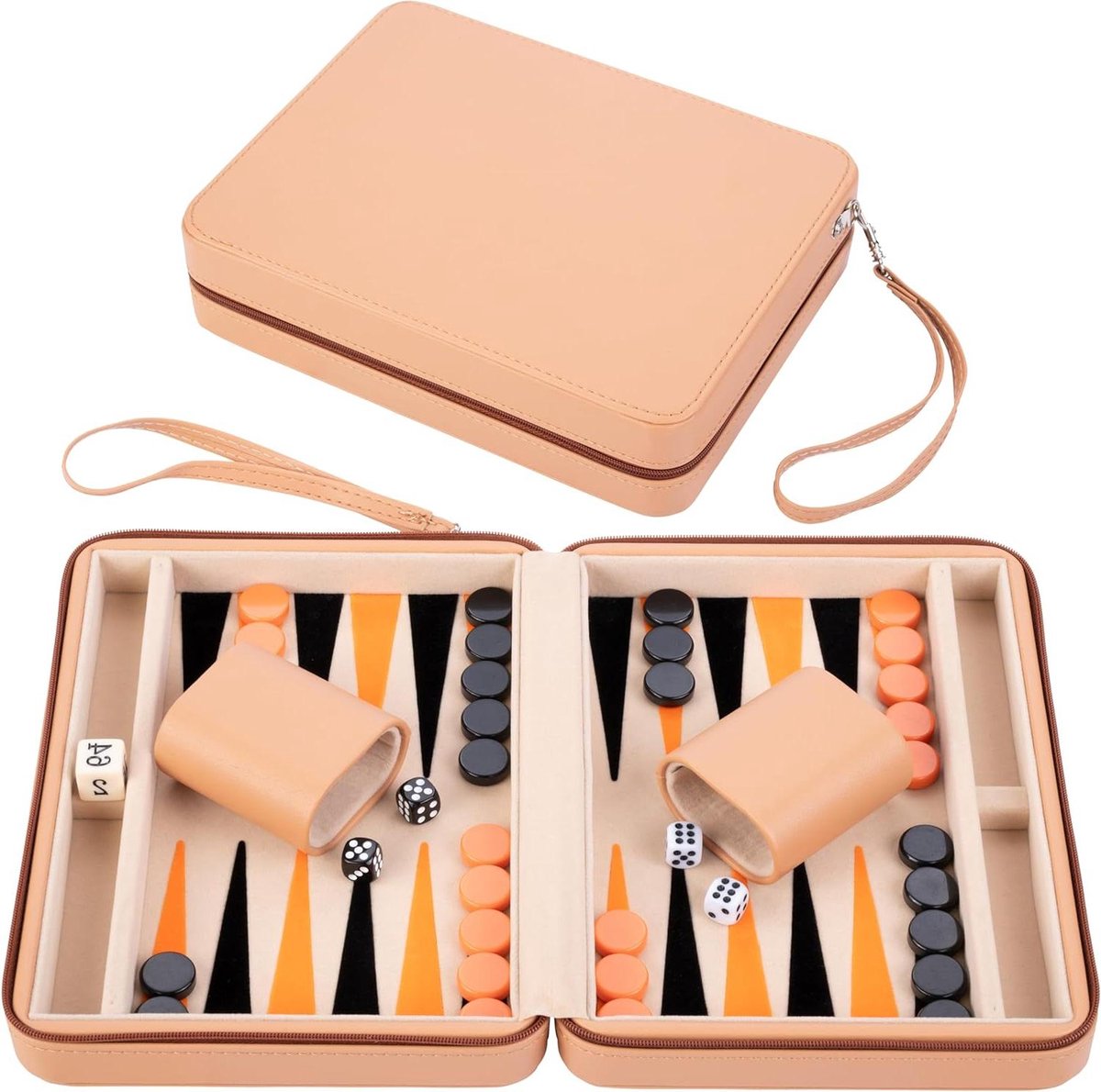 Reisspel Backgammon - Draagbaar Spel - Strategisch Spelen - Compact Ritssluiting Etui - 9 Inch - Beige Oranje Zwart