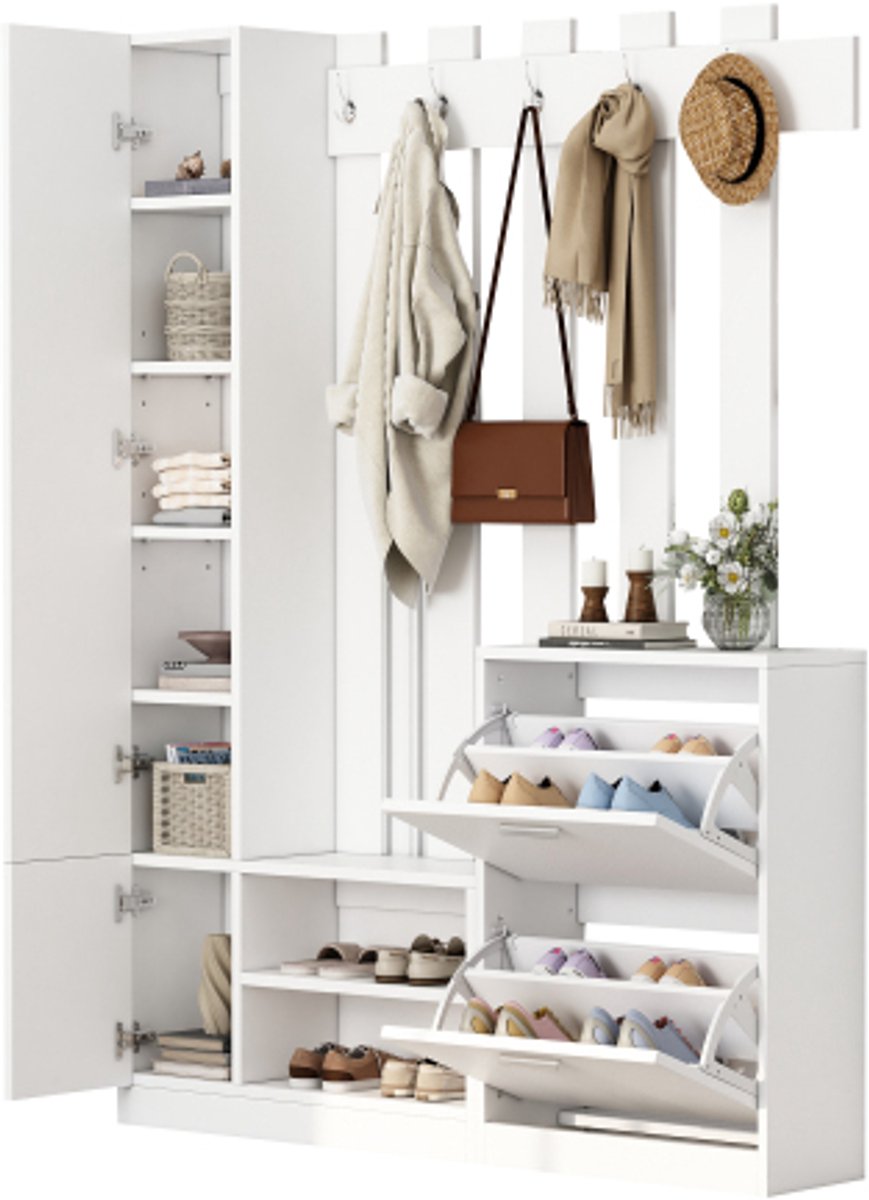 Kledingkastset van 135*25*180 cm met spiegel, halkast, wandplank, compacte kast, met 2 uitklapbare schoenkasten + 2 opbergkasten, geschikt voor deuropeningen en hallen, wit