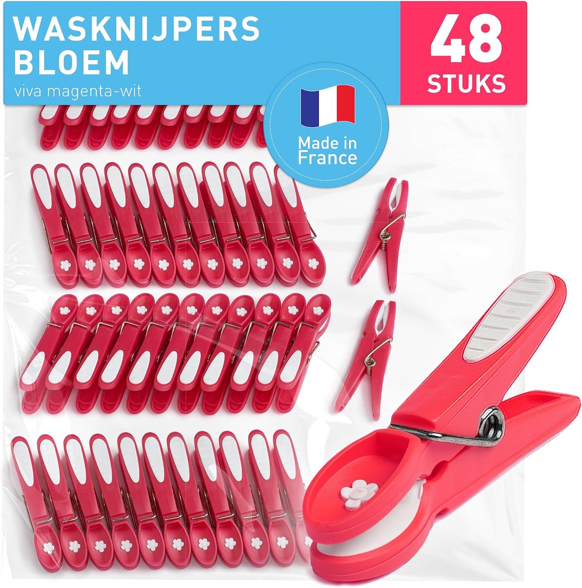 SnelShoppen - Kledingknijpers Bloem, Extra Sterk, 48 Stuks, Viva Magenta-Wit | Gemaakt in Frankrijk, UV- en Weerbestendig, Zachte Grip, Voor Binnen en