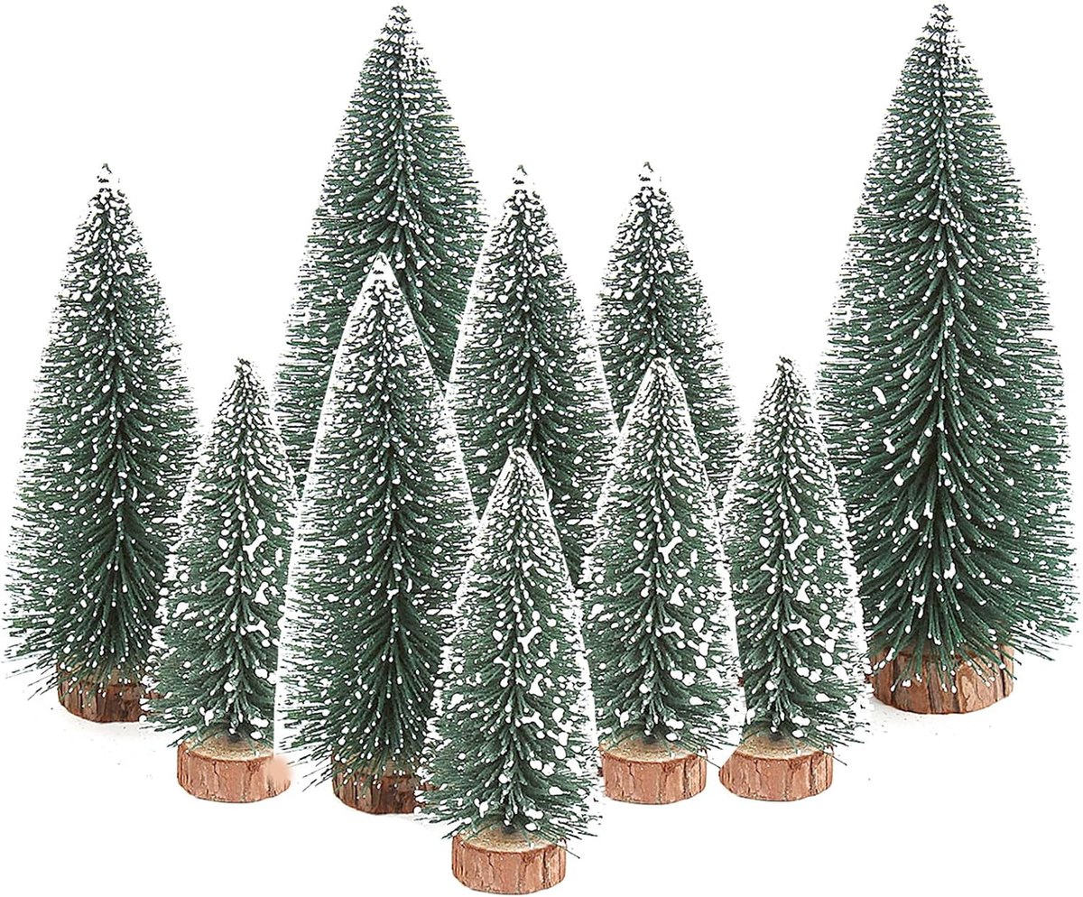SnelShoppen - Pack van 10 Mini Kunstkerstbomen met Houten Basis, Kunstkerstboom 10/15/20 cm, Duurzaam PVC, Ideaal voor Feestdagen, Cadeau voor Kindere