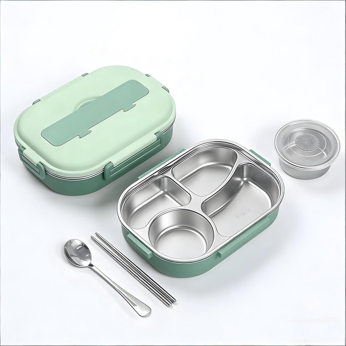 SnelShoppen - RVS Bento Lunch Box met 4 Compartimenten, Draagbare Voedselcontainer, Ideaal voor Maaltijd Prep, Groene Kleur, Voor Werk, School en Pick