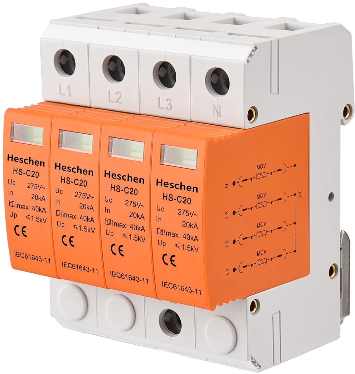 SnelShoppen - Heschen Overspanningsbeveiliger SPD, HS-C20, 275VAC 20KA, 4-polig, brandveilig, lage spanningsafleider, 35mm DIN rail montage