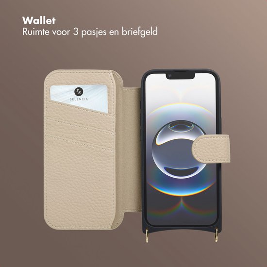 Beige telefoonhoes met ruimte voor 3 pasjes en briefgeld, en een kaart met 'SELENCIA' erop.