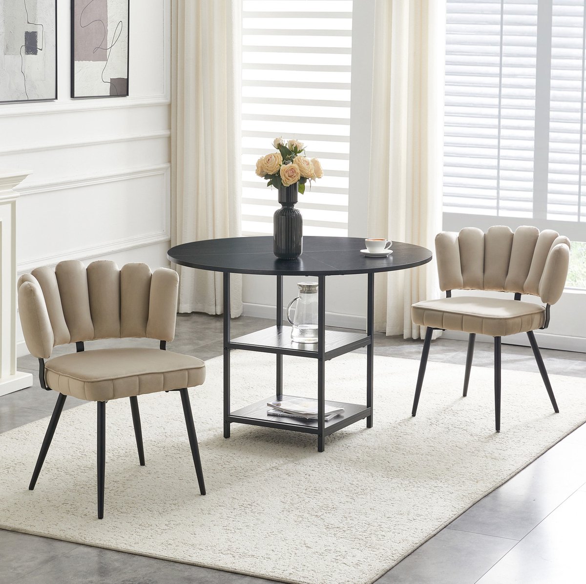 REDOM- Set tafel en stoelen - Ronde eettafel met dubbele opberglaag - Industriële stijl - Voor eetkamer en kleine appartementen - MDF en metaal - Zwart - Lichtbruin - 107 cm