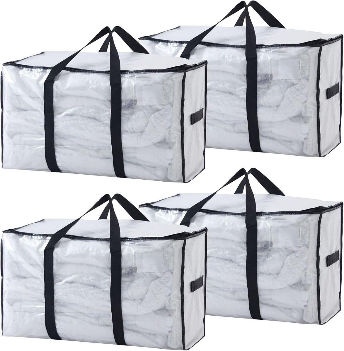 SnelShoppen - Heavy Duty Opbergtas Wit - 4 Stuk Set Waterdichte Opbergdozen met Deksels en Handvatten - Helder Venster voor Dekbedden, Winterkleding,