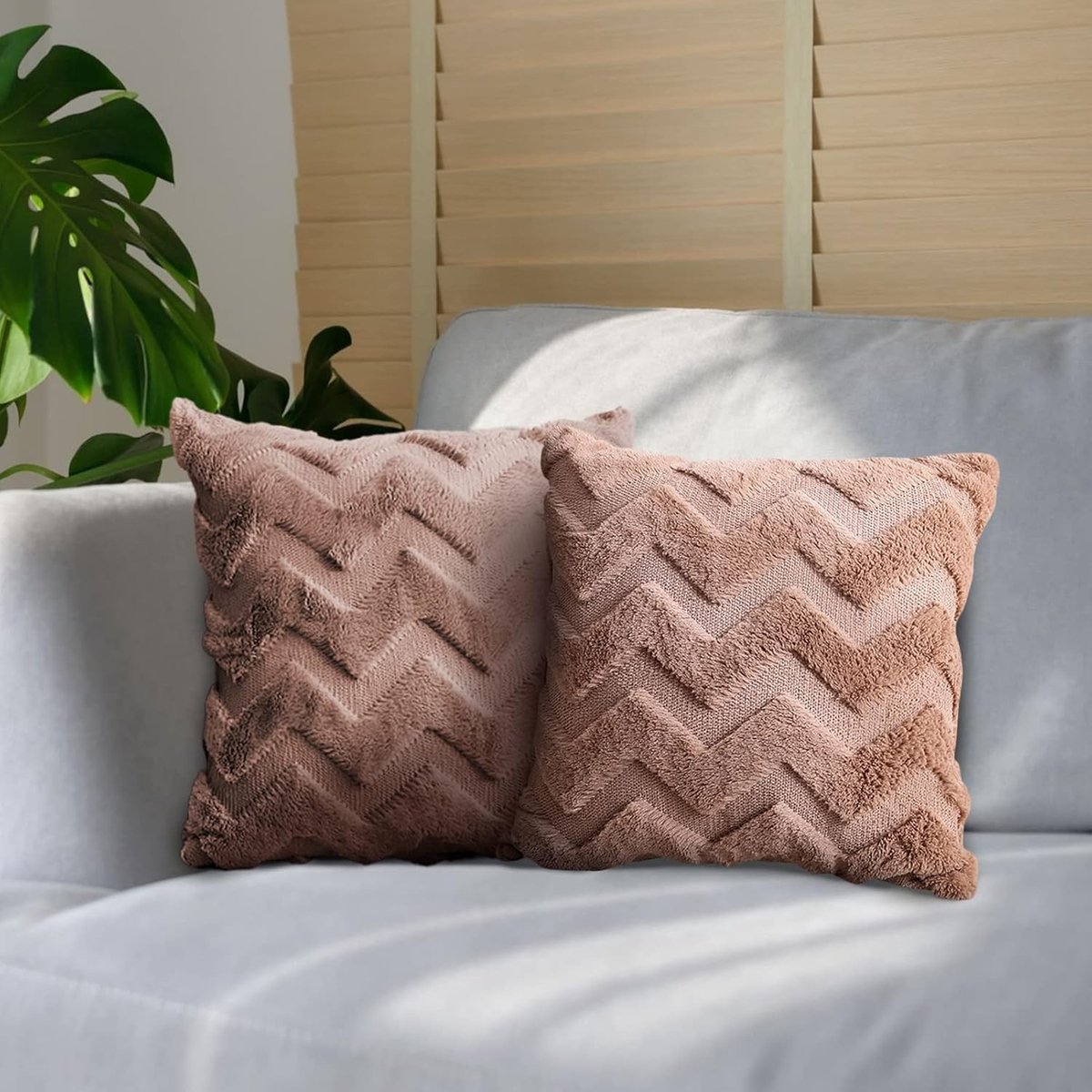Set van 2 Kussenhoezen, Zachte Pluche Katoen 45 x 45 cm Decoratieve Bruine Golfpatroon met Onzichtbare Rits voor Bank en Slaapkamer, Luxe en Comfortabel