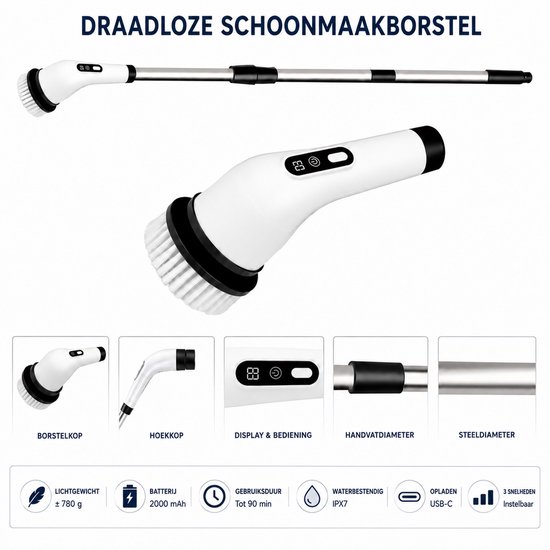 Nexxt Elektrische Schoonmaakborstel 9-in-1 - Draadloos - 3 Snelheden - Led Display - Uitschuifbare Steel - 60 Tot 90 Minuten - Voor Badkamer, Keuken, Tegels en Auto — afbeelding 4