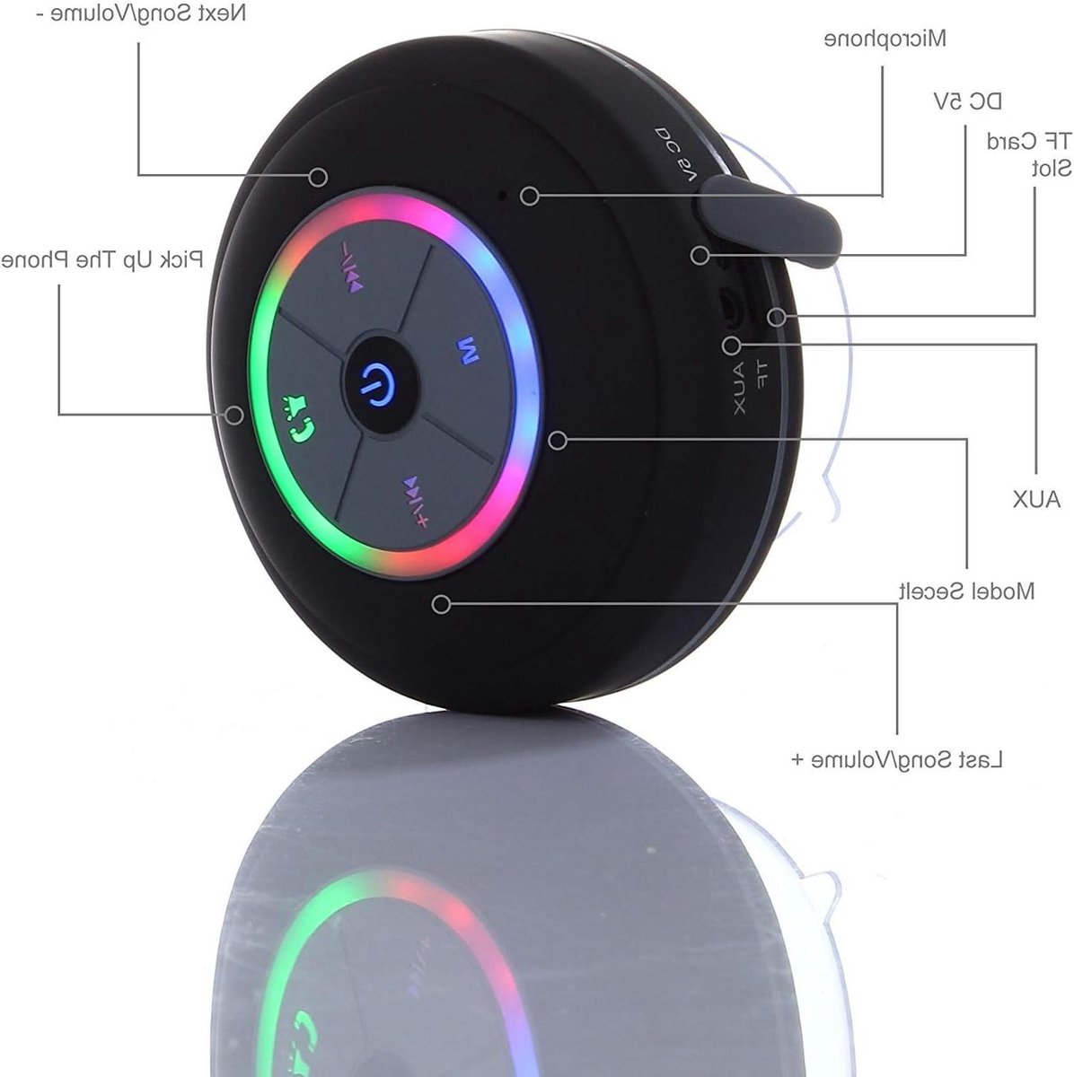 Draadloze Douche Speaker - Waterproof Speaker - Muziek Luisteren - Regenboog LED Licht - IP67 Waterdicht - Zwart