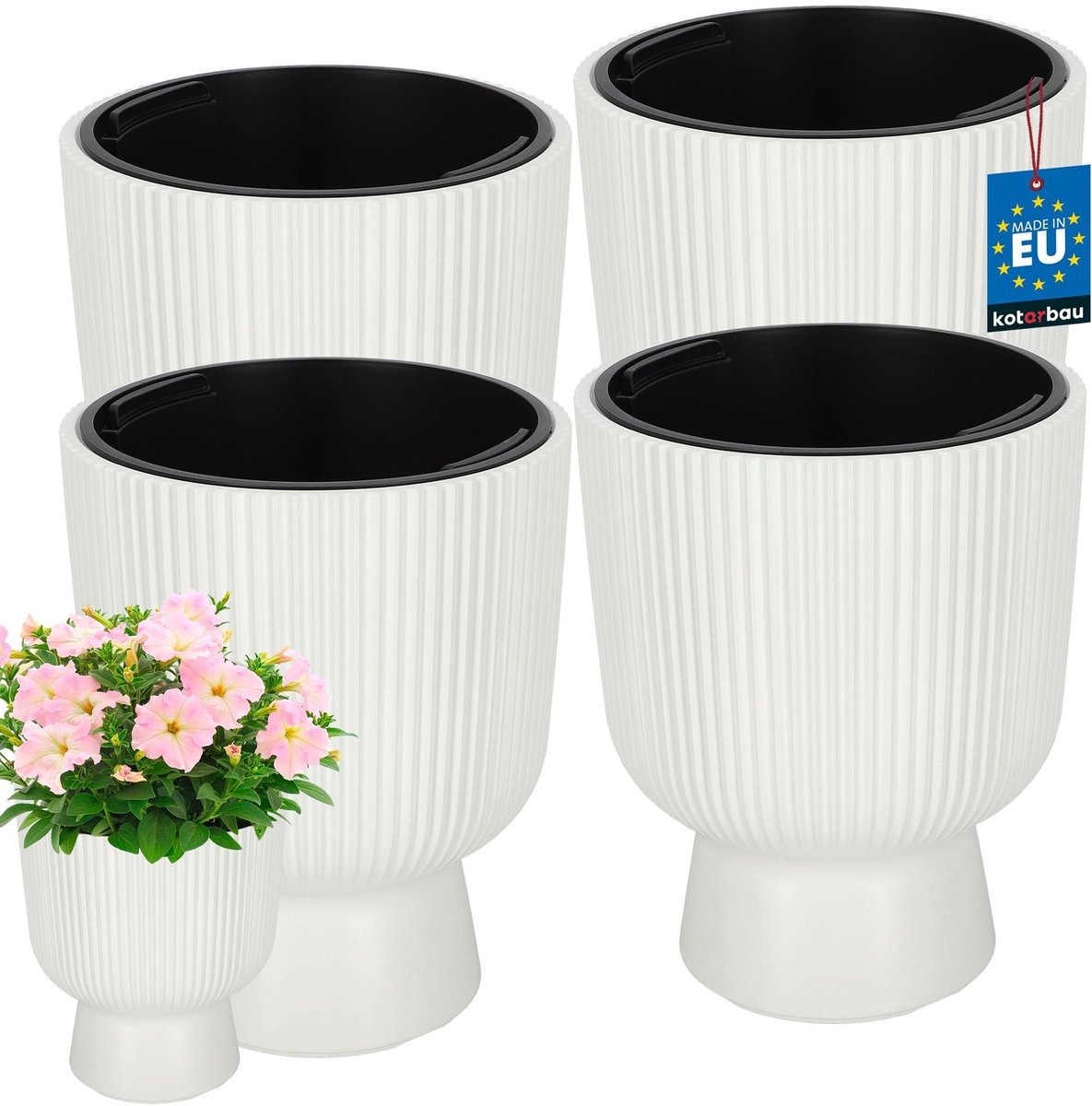 KOTARBAU® 4 Stuks - Bloempot - Plantenpot Ø 23 cm - met Binnenpot - Geribbelde Plantenbak - Plantenpot met Voet - Plantenbak - Kunststof - H: 30 cm - Wit