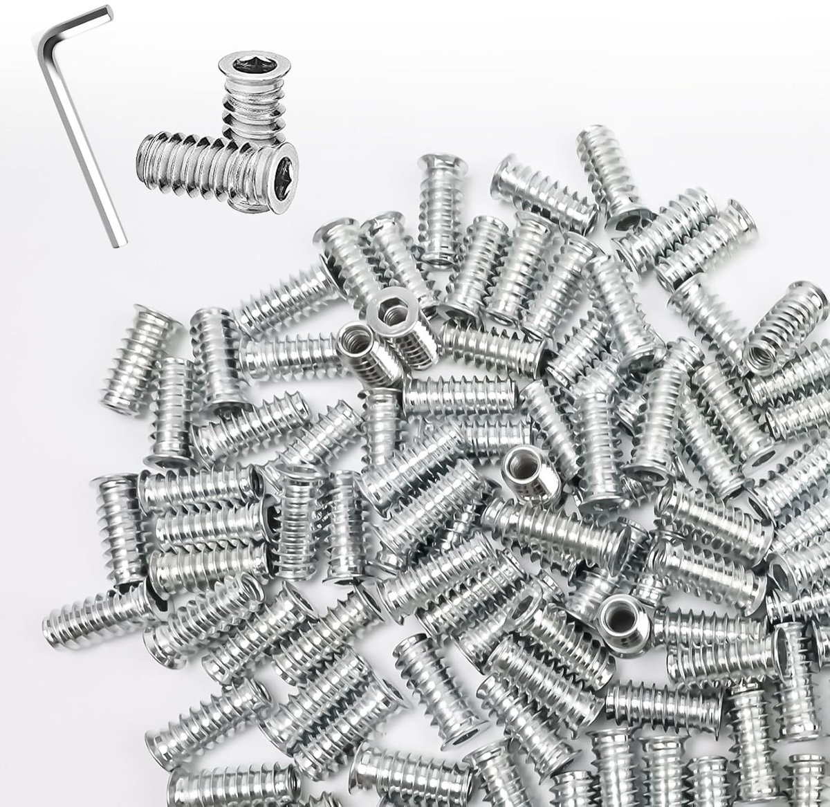 Inschroefmoeren M6 x 25 mm van koolstofstaal voor houten meubels, inclusief inbussleutel, 100 stuks, ideaal voor bevestigen en monteren