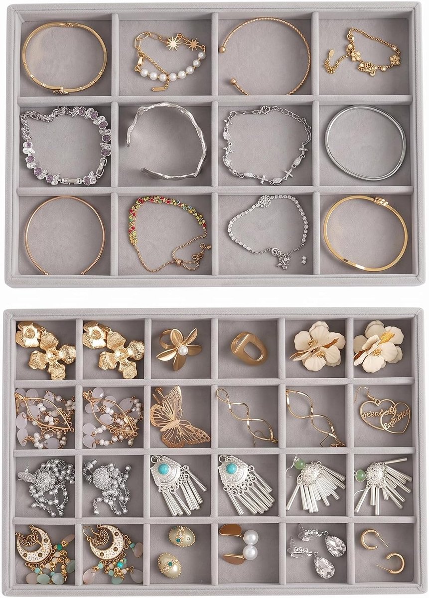 SnelShoppen - Set van 2 Stapelbare Velvet Sieraden Organizers voor Lades - Opbergrek voor Oorbellen, Armbanden, Kettingen en Ringen - Grijs - Perfect