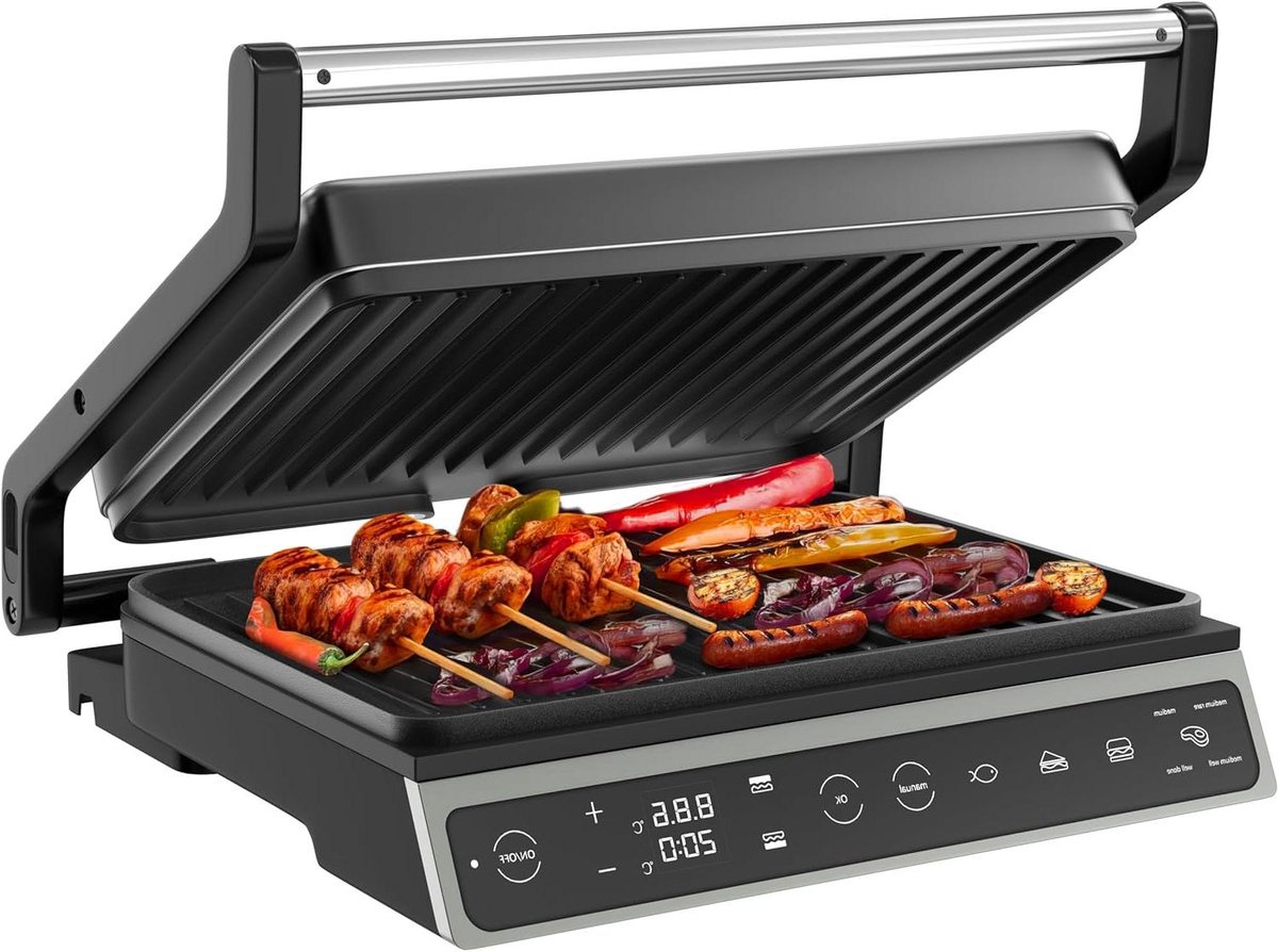 Contact Grill - Panini Maker - Snelle Maaltijden - 7 Automatische Programma's - 27x22 cm - Zwart