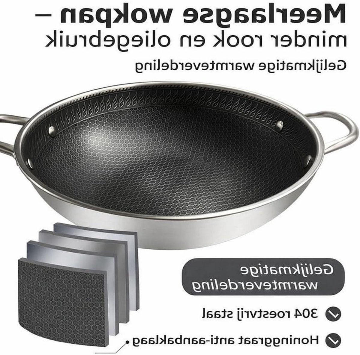 Wok Pan - Grote Koekenpan - Allround Koken - Honeycomb Anti-aanbaklaag - 36 cm - Zilver Rood