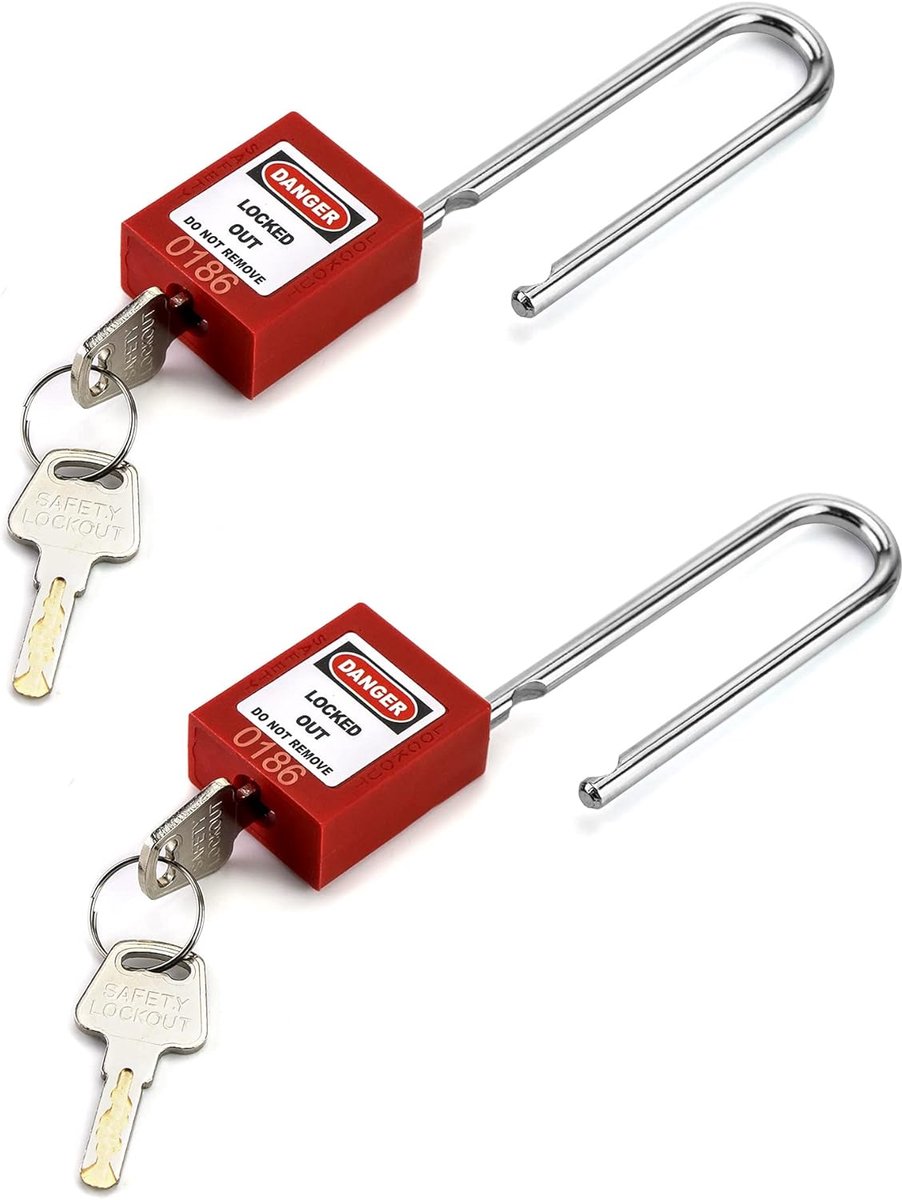 SnelShoppen - QWORK® Lockout Hangslot Set van 2 Stuks met 76mm Verlengde Stalen Sloten, Rood, Veiligheidsslot met Schrijfbare Label voor Identificatie