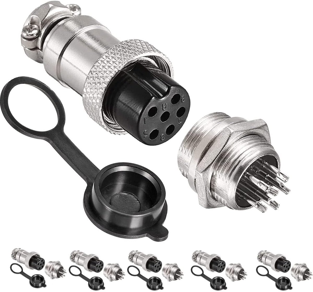 Aviation connector 6-polig - 16mm metalen stekker - met rubberen beschermkap - eenvoudig te installeren - ShopVlot