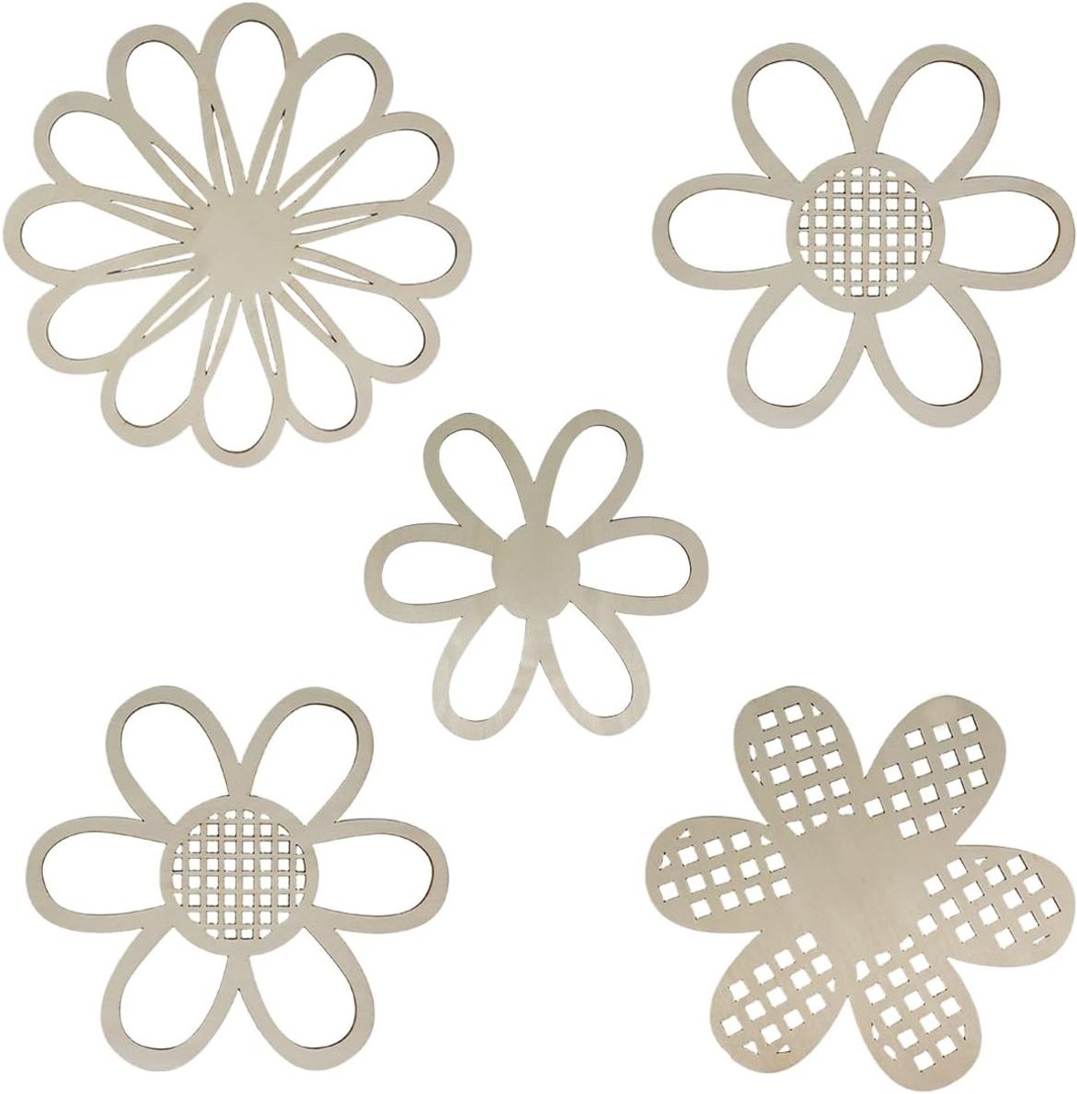 Boheemse madeliefjes wanddecoratie in houtkleur, 5-delig | Handgevlochten rotanbloemen voor landelijke kinderkamers, sfeervolle wandversiering en natuurlijke accenten