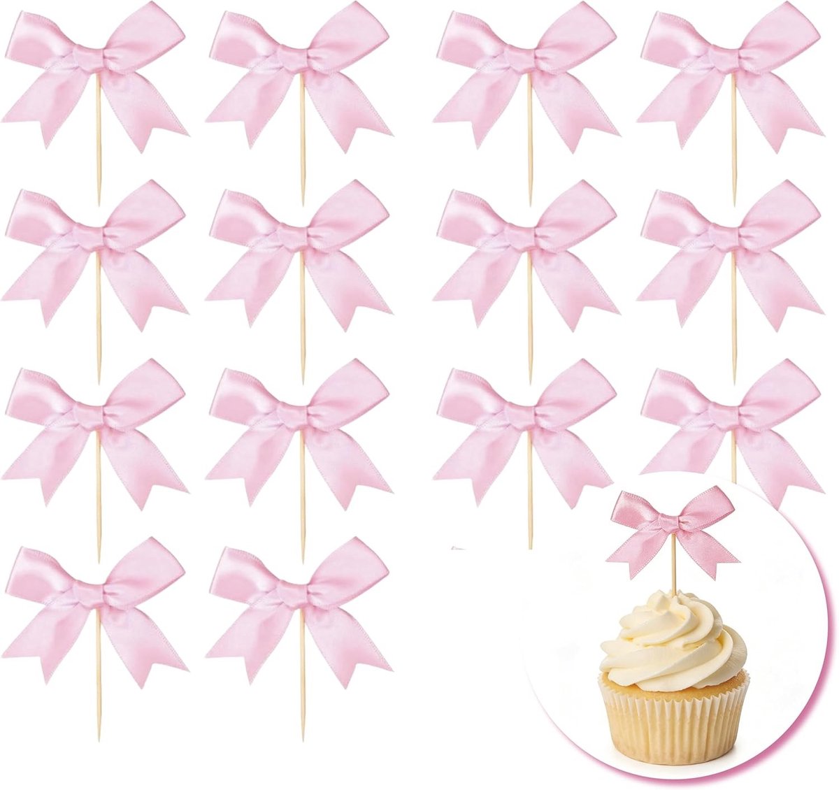 Taartdecoratie strikken - Cupcake toppers - Feestelijke versiering - Eenvoudig te plaatsen - 4x4 cm strik - Roze